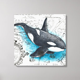 Orca Whale Blue Watercolor Nautical Map Canvas Print