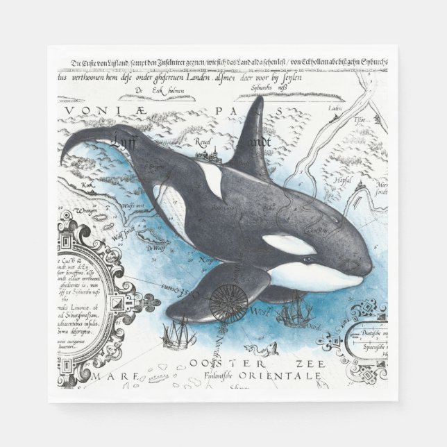 Orca Whale Blue Watercolor Nautical Map Napkin (Front)