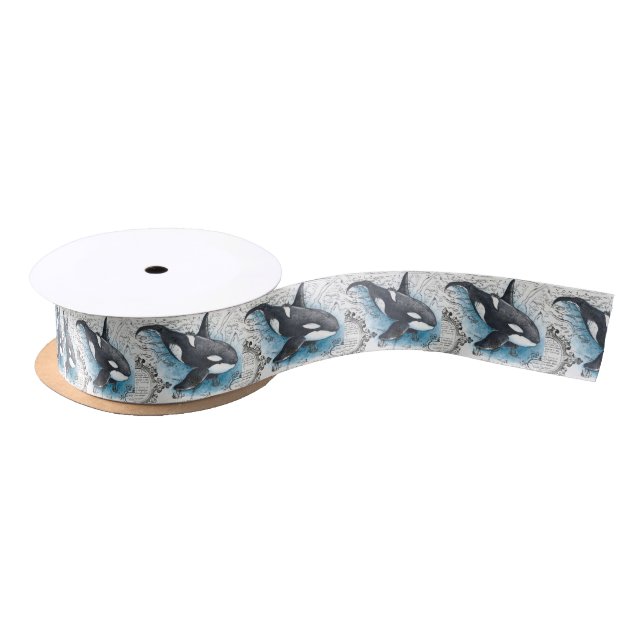Orca Whale Blue Watercolor Nautical Map Satin Ribbon (Spool)