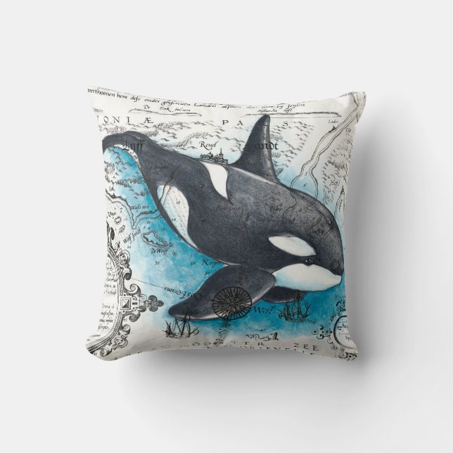Orca Whale Blue Watercolor Nautical Map Throw Pillow (Front)