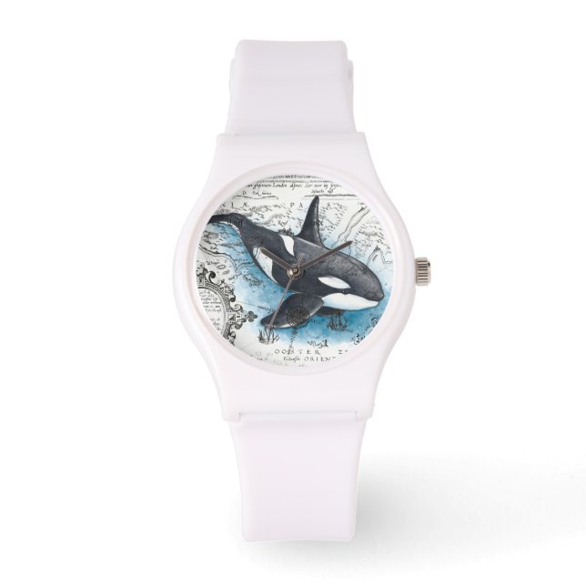 Orca Whale Blue Watercolor Nautical Map Watch (Front)
