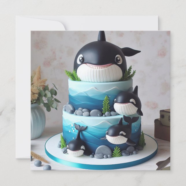  ORCA WHALE CAKE CUTE KIDS BIRTHDAY INVITATION (Front)