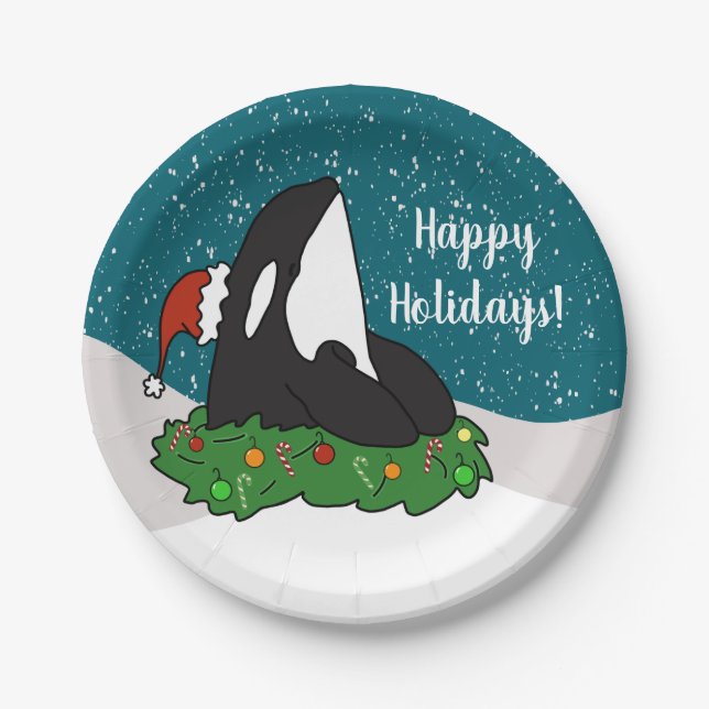 Orca Whale Christmas Party Paper Plate (Front)