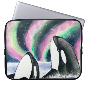 Orca Whale Galaxy Northern Lights Stars Watercolor Laptop Sleeve