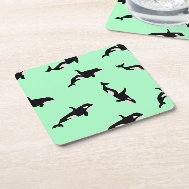Orca Whale Illustration Pod Pattern Ocean Mint  Square Paper Coaster (Angled)