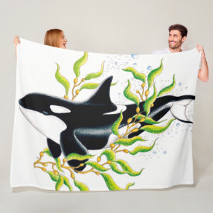 Orca whale In Kelp Forest ink art Fleece Blanket