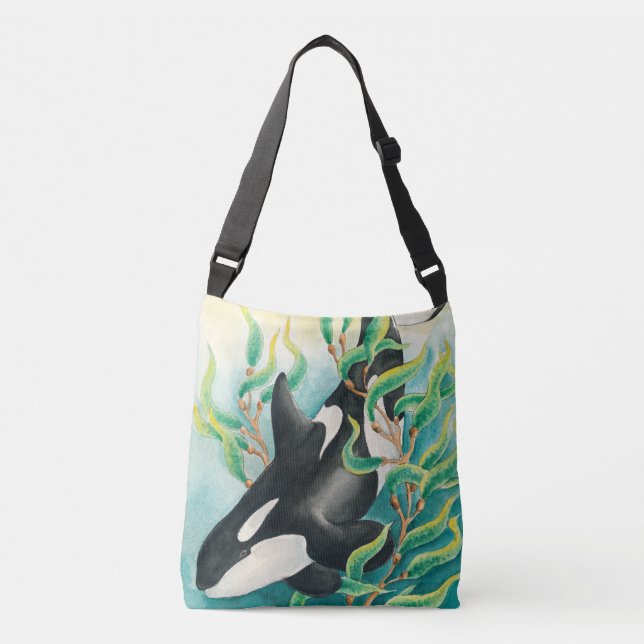 Orca Whale in Kelp Watercolor Art Crossbody Bag (Front)