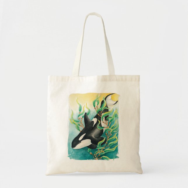 Orca Whale in Kelp Watercolor Art Tote Bag (Front)