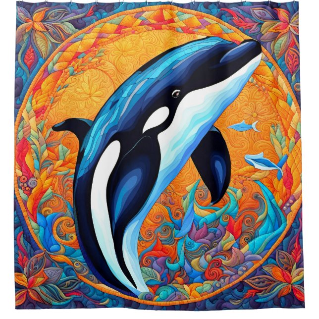 Orca Whale Leaping Decorated Quilt Block (Front)