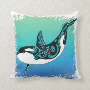 Orca Whale Teal Tribal Throw Pillow