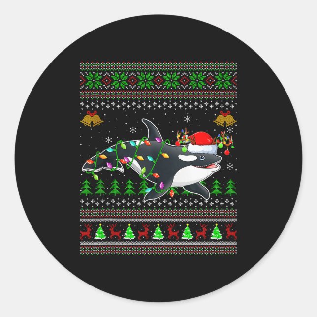Orca Whale Ugly Christmas Sweaters Santa Sea Anima Classic Round Sticker (Front)