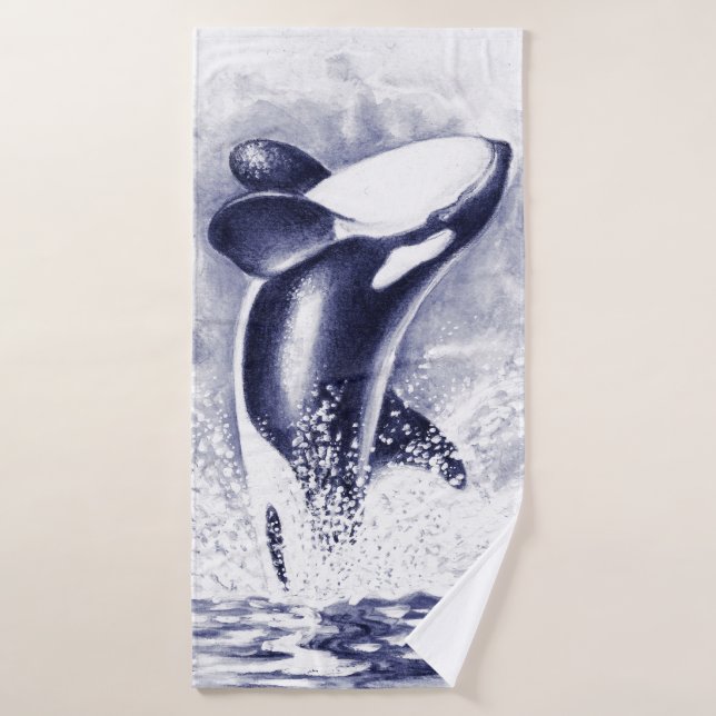 Orca Whale Watercolor Blue Bath Towel Set (Bath Towel)