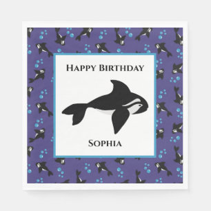 Orca Whale with Bubbles Personalized Birthday Napkin