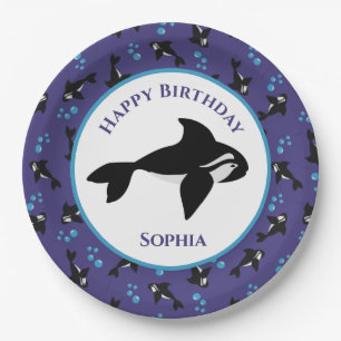 Orca Whale with Bubbles Personalized Birthday Paper Plate