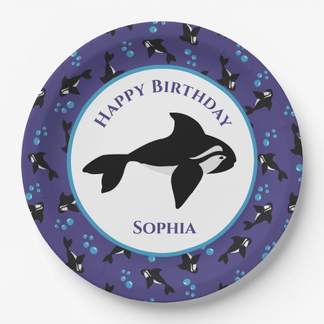 Orca Whale with Bubbles Personalized Birthday  Paper Plate (Front)