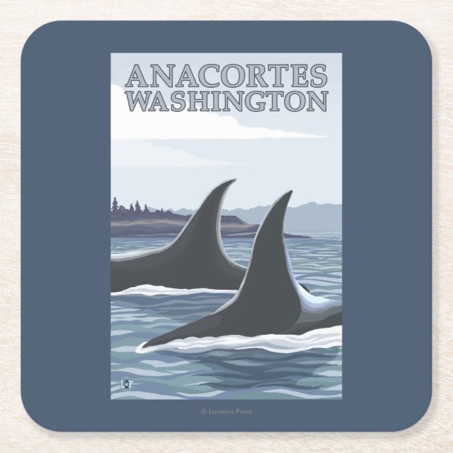 Orca Whales #1 - Anacortes, Washington Square Paper Coaster (Front)
