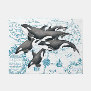 Orca whales family ancient blue doormat