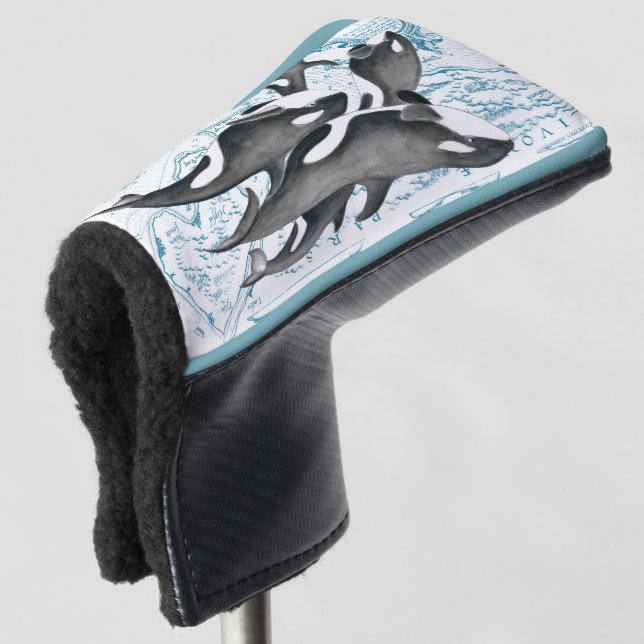 Orca whales family ancient blue golf head cover (3/4 Front)