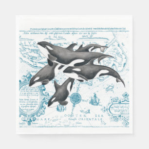 Orca whales family ancient blue napkin