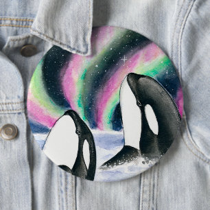 Orca Whales Galaxy Northern Lights Watercolor 6 Inch Round Button