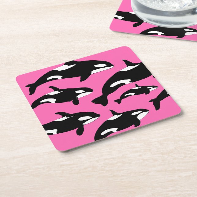 Orca Whales on Pink Square Paper Coaster (Angled)