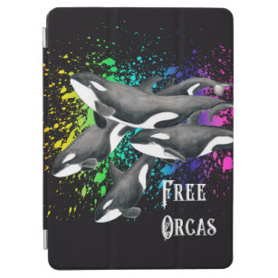 Orca Whales Watercolor Splash Black iPad Air Cover