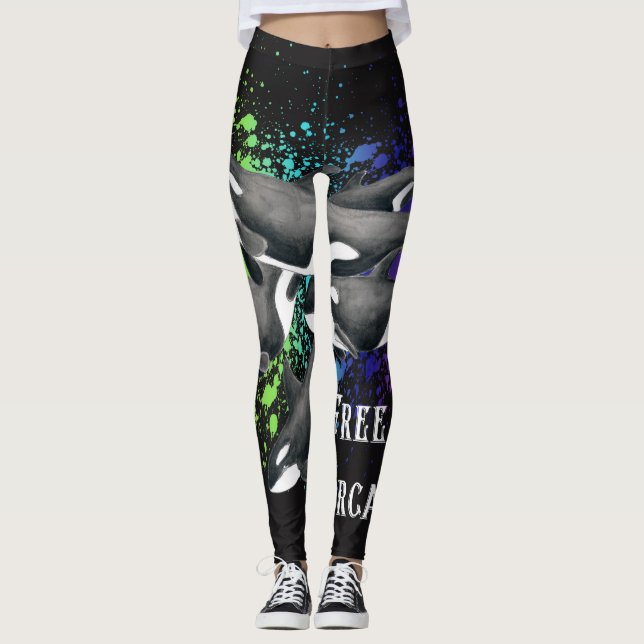 Orca Whales Watercolor Splash Black Leggings (Front)