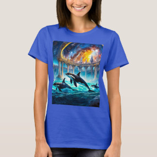 Orcas in Galaxy Castle Design by Rich AMeN Gill T-Shirt