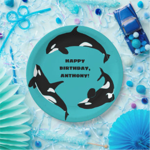 Orcas Killer Whales Teal Blue Birthday Party Paper Plate
