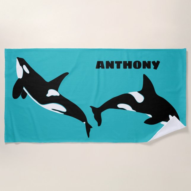 Orcas Killer Whales Teal Blue Personalized Beach Towel (Front)