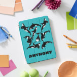 Orcas Killer Whales Teal Blue Personalized iPad Pro Cover<br><div class="desc">Create a personalized cover for your iPad. This cover features illustrations of orcas or killer whales in black and white against a bright turquoise or teal blue background with your name below in bold black lettering.</div>