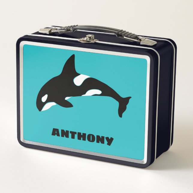 Orcas Killer Whales Teal Blue Personalized Metal Lunch Box (Front)