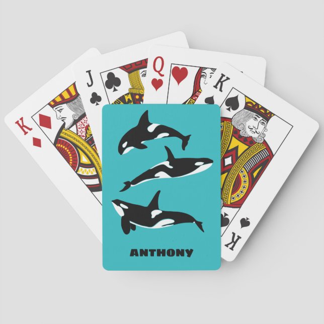 Orcas Killer Whales Teal Blue Personalized Playing Cards (Back)