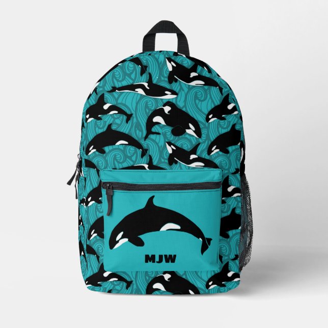 Orcas Killer Whales Teal Blue Personalized Printed Backpack (Front)