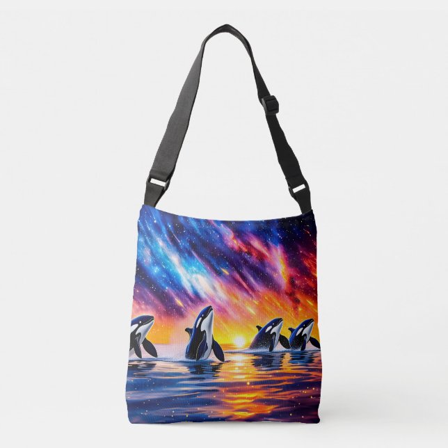 Orcas Under Galaxy Sky 02 Design by Rich AMeN Crossbody Bag (Front)