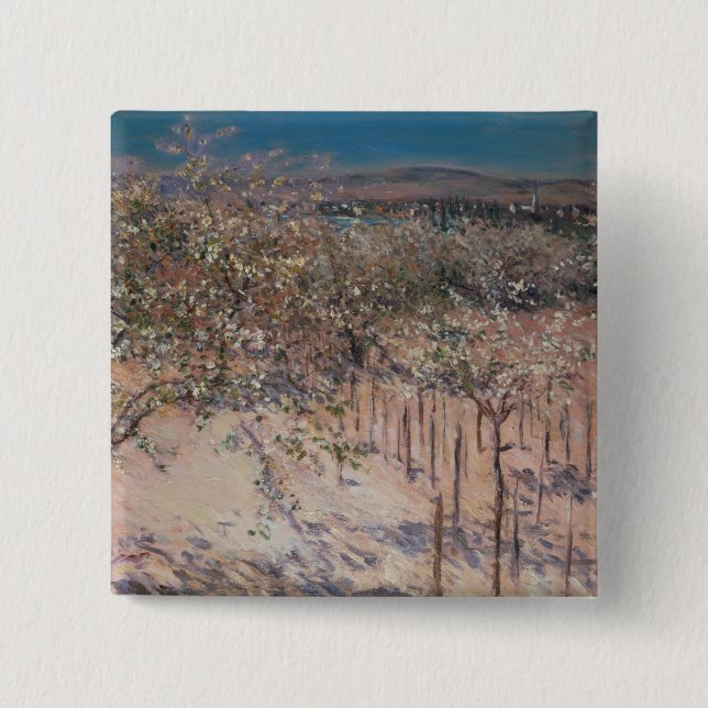 Orchard with Flowering Apple Trees, Colombes 2 Inch Square Button (Front)