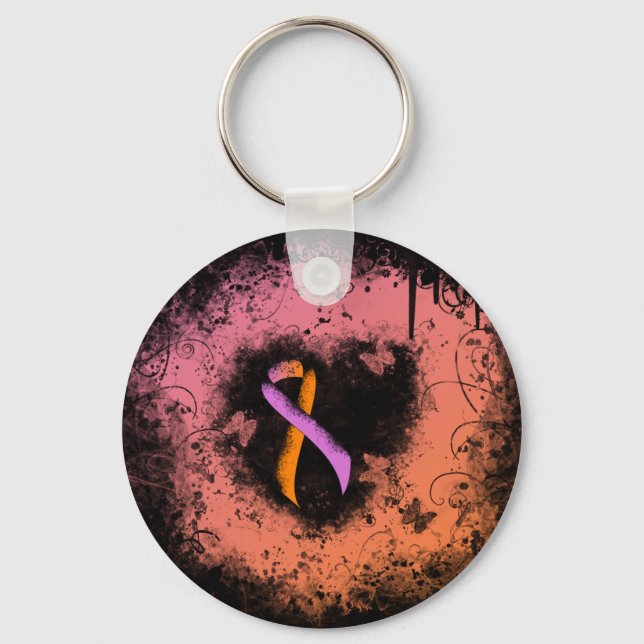 Orchid and Orange Awareness Ribbon Grunge Heart Keychain (Front)