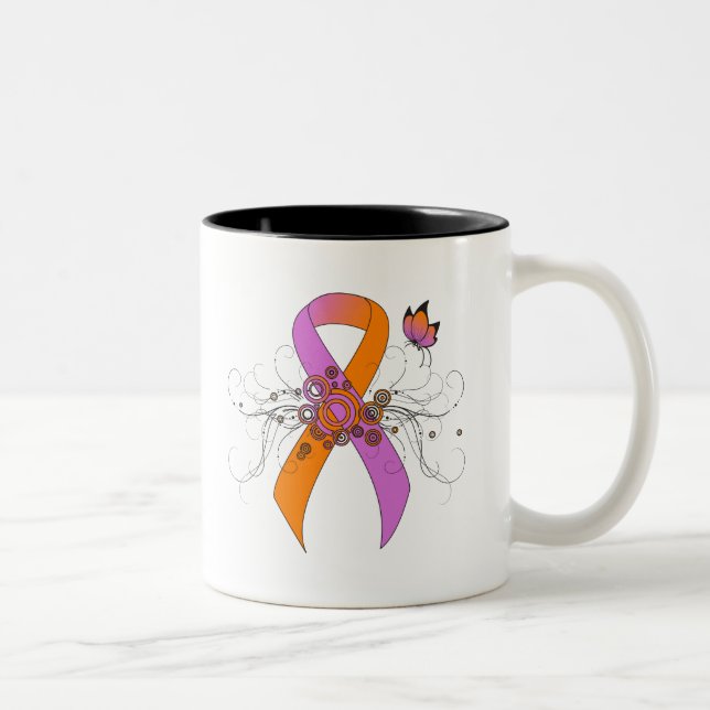 Orchid and Orange Awareness Ribbon with Butterfly Two-Tone Coffee Mug (Right)
