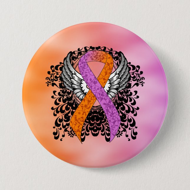 Orchid and Orange Awareness Ribbon with Wings 3 Inch Round Button (Front)