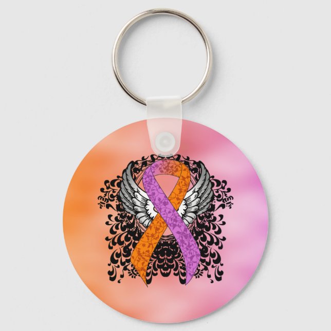 Orchid and Orange Awareness Ribbon with Wings Keychain (Front)