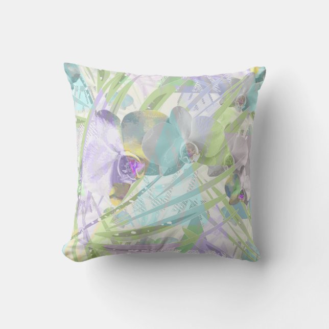 Orchid and palm leaves, tropical throw pillow (Front)