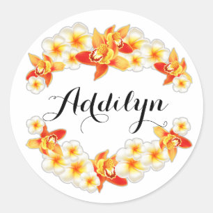 Orchid and Plumeria Flowers, Elegant Classic Round Sticker