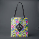 Orchid Begonia And Palm Leaves | Monogram Tote Bag<br><div class="desc">Plants & Flowers | Orchid bouquet with tropical plants on black and white background with geometric pattern.  © and ® Bigstock® - All Rights Reserved.</div>