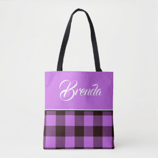 Orchid Black Tartan Personalized Name Wedding Tote Bag