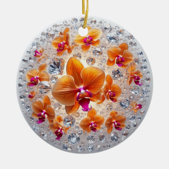 Orchid Blossoms Embedded in Crystals Ceramic Ornament (Front)