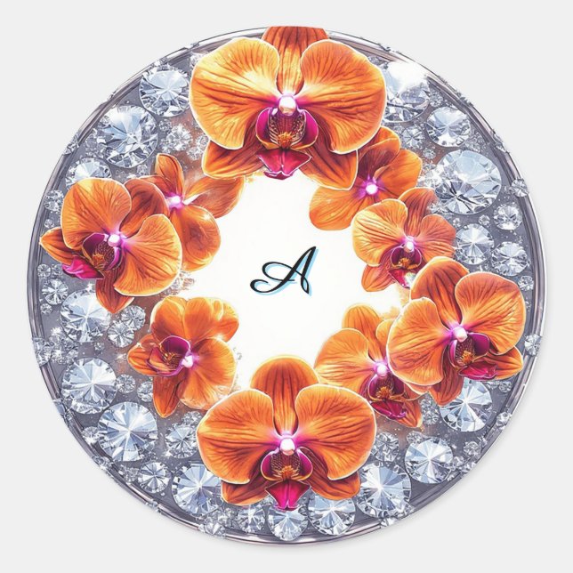 Orchid Blossoms Embedded in Crystals Classic Round Sticker (Front)