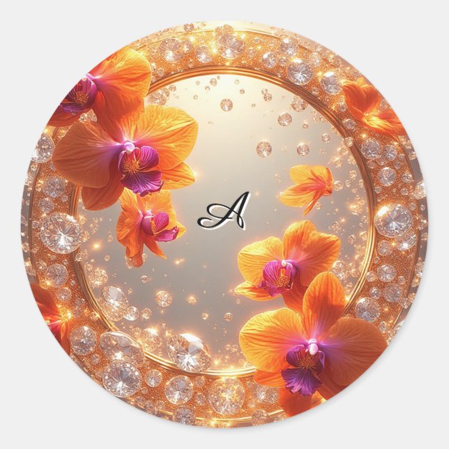 Orchid Blossoms Embedded in Crystals Classic Round Sticker (Front)