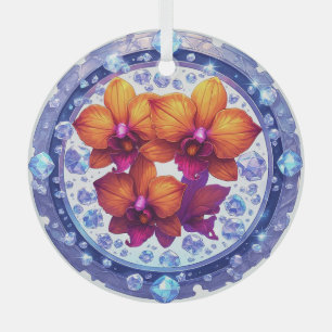 Orchid Blossoms Embedded in Crystals Glass Ornament