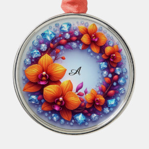 Orchid Blossoms Embedded in Crystals Metal Ornament