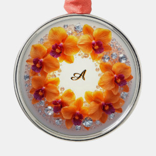 Orchid Blossoms Embedded in Crystals Metal Ornament